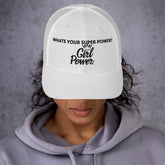 Power Girl six-panel trucker cap with a mesh back, Permacurv® visor, and adjustable closure.
